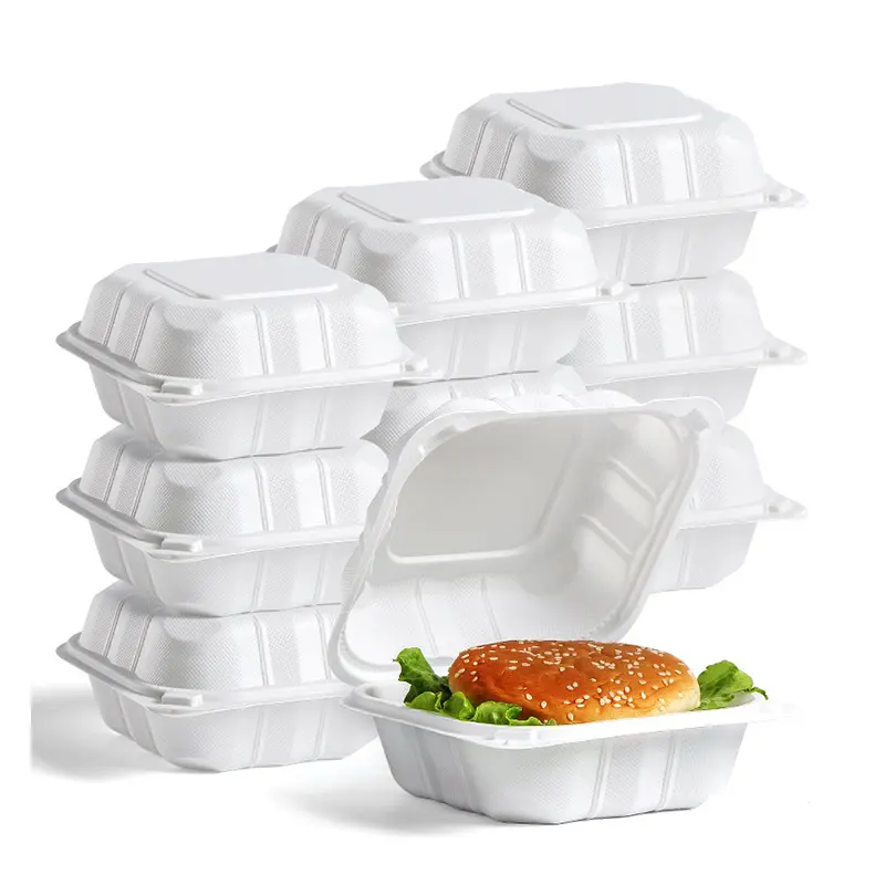 Witte Pp Plastic 6 Inch Burger Verpakking Dozen Wegwerp Scharnierende Deksel Te Gaan Container Afhaalmaaltijden Container