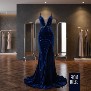Starlight Navy Deep-Neck Trumpet/Mermaid Prom Dress Velvet Beaded Sequined Rhinestone Decoration Empire <b>Spaghetti</b> <b>Strap</b> Slit - Product Image 2