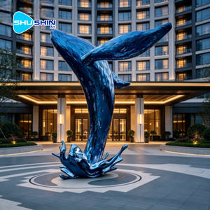 Sculpture de queue de <span class=keywords><strong>baleine</strong></span> en acier inoxydable poli miroir avec base en forme de vague, statue métallique pour aménagement aquatique d'hôtel - Product Image 5