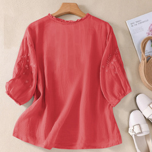 Blusa bohemia bordada para mujer, manga tres cuartos, cuello Peter Pan, corte holgado, top de algodón, ropa informal de primavera y verano - Product Image 6