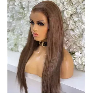 Double Drawn Chestnut Brown Color Silky Straight 100 Raw Single Donor Cuticle Aligned Human Hair Transparent Lace Front Wigs