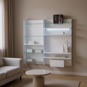 Composants muraux modulaires pour vitrines, blanc brillant 243x40x H 220 avec bandes LED pour armoires de salon - Product Image 1