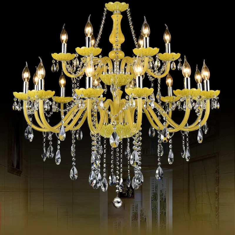 Lámpara colgante de cristal de lujo europea, lámpara de vela amarilla, lámpara cálida para sala de estar y dormitorio, restaurante, Hotel, Villa, araña