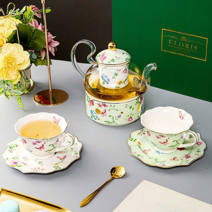 Teapot Set with 2 Teacups & Removable Infuser - Microwave Dishwasher Safe Porcelain Ceramic Bone China Tea Maker Gift