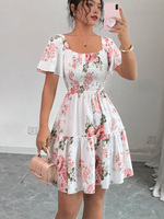 Vestido Midi para Mujer con Estampado Floral, Elegante, Transpirable, Lavable, Cintura Natural, Corte en A, Holgado, Cuello Cuadrado, Manga Corta, Informal