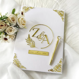 Letras acrílicas doradas 3D, folleto personalizado Nikah Nama, certificado de nombre de signo <span class=keywords><strong>Nikkah</strong></span> con invitaciones de boda de terciopelo blanco - Product Image 1