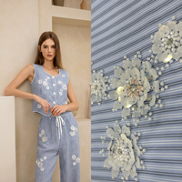Tissu floral brodé or à rayures bleues, léger et respirant, avec perles et sequins, style industriel lourd