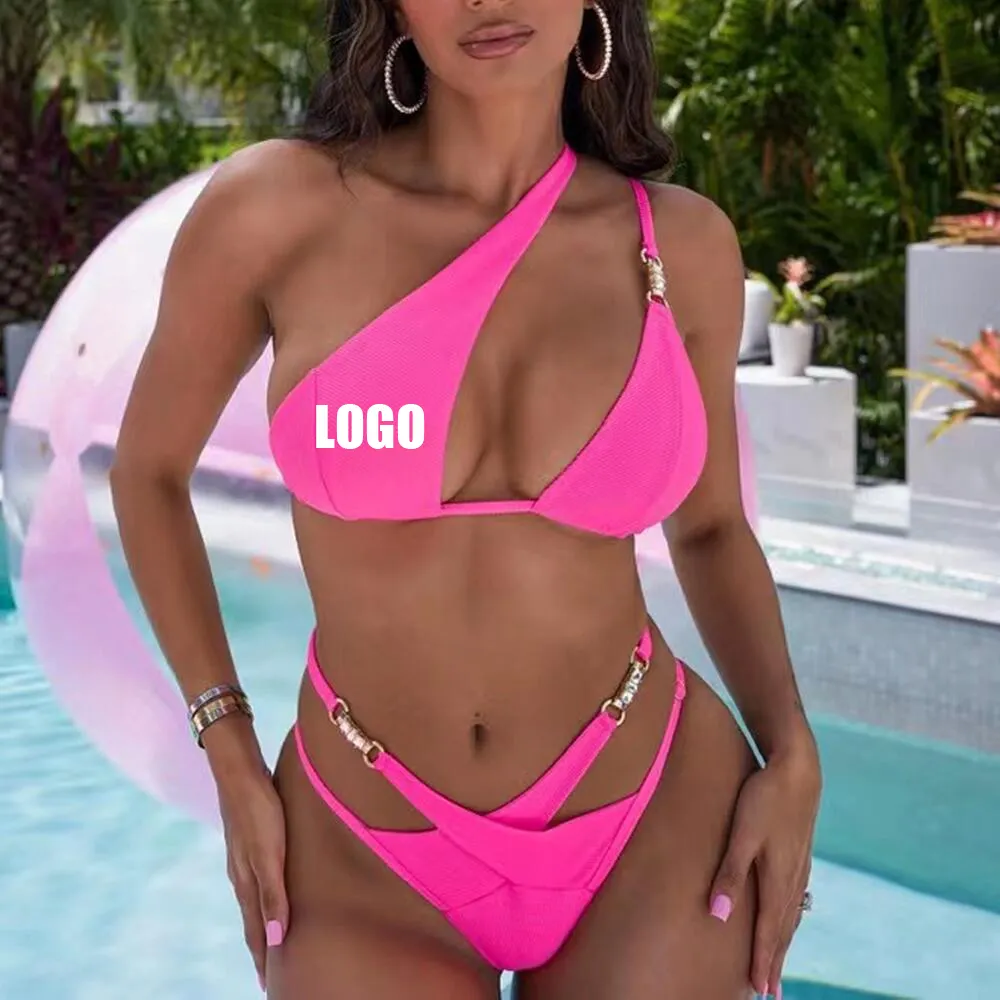 2024 ucuz Halter Backless seksi Bikini mayo çapraz dize bölünmüş kız mayo Beachwear kadınlar için özel Logo mayo