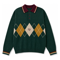 Chemises polo brodées pour hommes, manches longues, tricot argyle, style rétro, preppy, varsity, personnalisé