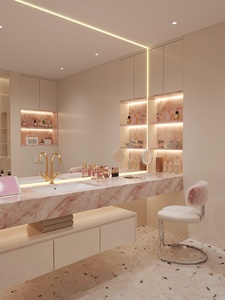Natural luxury pink marble hotel style intelligent lighting <b>mirror</b> <b>wall</b> hanging bathroom cabinet - Product Image 2