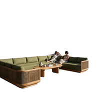 Canapé d'extérieur en teck, ensemble table basse et siège en bois massif et rotin design, mobilier de patio imperméable pour