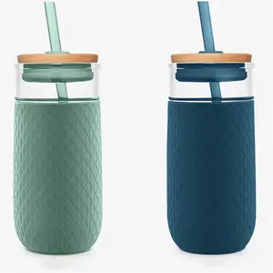 Protective No Sweat Silicone Sleeve and Splash Proof 16OZ Glass Tumbler Glass Cups with Lids and Straws