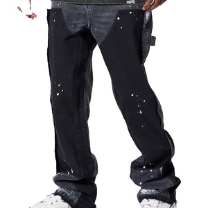 Pantaloni da Lavoro Neri Svasati da <span class=keywords><strong>Uomo</strong></span> in Denim Effetto Usurato con Dettagli Dipinti a Mano e Inserti a Contrasto - Product Image 1