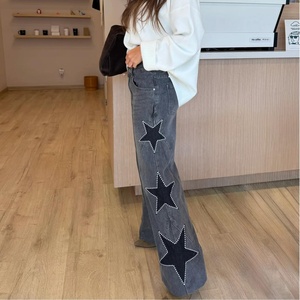 OUDINA Nouvelle Arrivée Jean Décontracté Ample à Jambes Droites avec Strass Étoile à Cinq Branches pour <span class=keywords><strong>Femme</strong></span> - Product Image 4