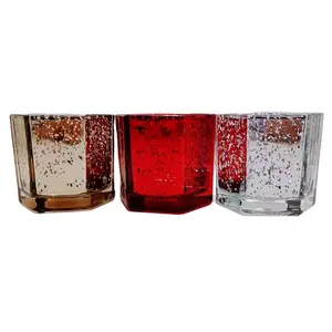 Silver Red Gold Mercury Geometric Glass Candle Holder Hexagonal Glass Candle Jar