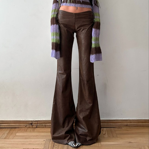Pantalon long vintage marron foncé en similicuir PU pour femme, taille basse, avec cordon de serrage et nœud, coupe slim légèrement évasée - Product Image 1