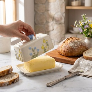 Beurrier en céramique avec couvercle floral en relief 3D, boîte de rangement pour beurre en céramique peinte à la main de style pastoral pour comptoir de cuisine - Product Image 5