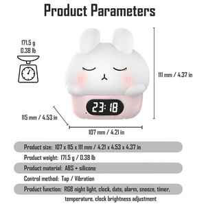 Lampe de réveil multifonctionnelle en forme de lapin, double réveil avec affichage de la température et de la date, lumière de chevet rechargeable par USB - Product Image 2