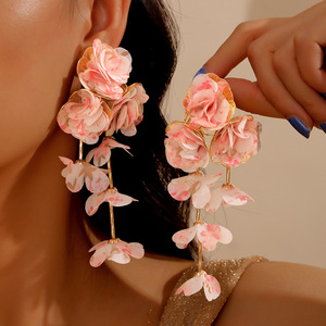 Women Chiffon Flower Tassel <strong>Earrings</strong> Summer Vacation Style Fashionable Exaggerated and Sweet <strong>Earrings</strong> - Product Image 2
