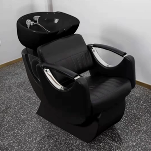 Modern All Black Salon Shampoo Chair with Glossy Ceramic Bowl Adjustable <b>Footrest</b> Chrome Fixtures Spa Hair Wash Station - Product Image 1