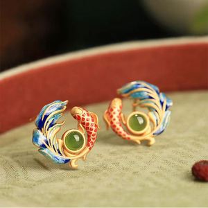 Imitation Natural Chalcedony Koi Enamel Glaze Zircon <b>Earrings</b> for Women New Chinese Style Retro Cloisonne Women's <b>Earrings</b> - Product Image 1