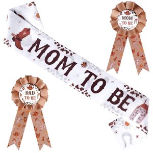 Decorazioni per <span class=keywords><strong>Baby</strong></span> Shower a Tema Western Marrone, Distintivi per Futura Mamma e Futuro Papà, Fascia 'Mom to Be' per Festa a Tema Cowboy - Product Image 1