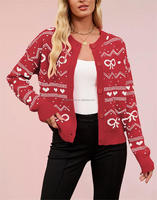 Pull cardigan décontracté à manches longues en jacquard à motif de cœur rouge de la Saint-Valentin pour femmes
