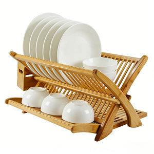 Estante de bambú plegable de 2 niveles para platos de cocina, organizador de fregadero de doble nivel para secado y almacenamiento, bandeja de exhibición para gabinetes de PC - Product Image 1