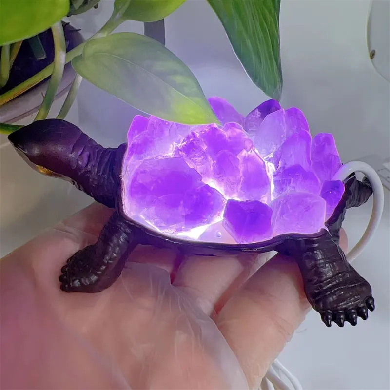 natur carv gemstones crystals crafts healing stones white light led natural amethyst citrine crystal cluster sea turtle for gift