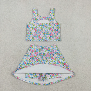 Conjunto de Ropa de Yoga para Niñas, Top y Falda/Shorts con Flores Rosas y Azules, para Verano - Product Image 2