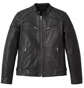 Veste en cuir noire tendance pour homme avec col montant, fermeture éclair intégrale et plusieurs poches de rangement - Product Image 2
