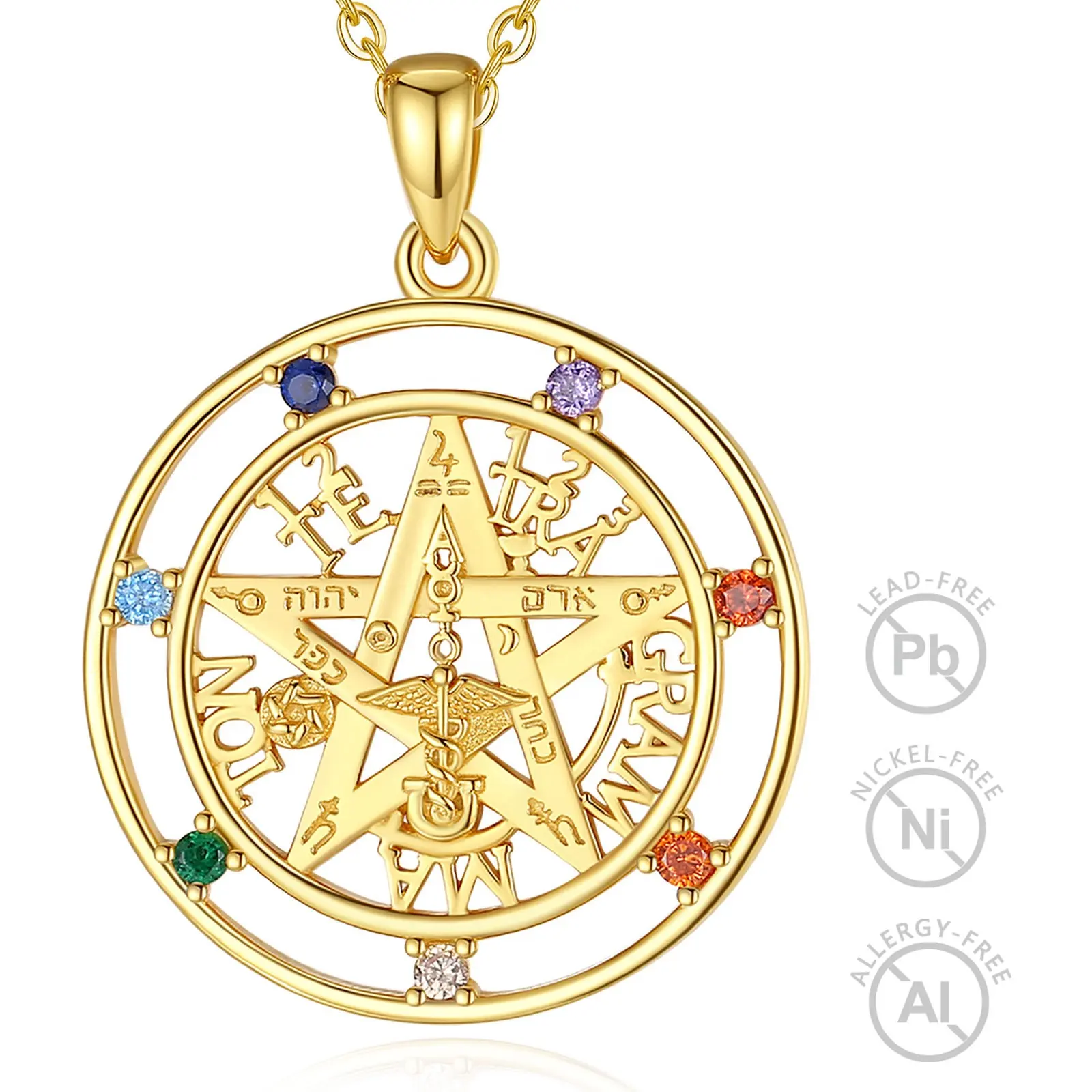 Prix de gros 7 Chakra Cubic Zirconia Jewelry 925 Sterling Silver 18K Gold Plated Tetragrammaton Pentagram Necklace pour hommes