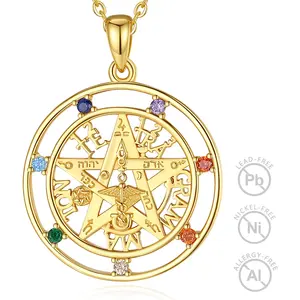 Wholesale Price 7 Chakra Cubic Zirconia Jewelry 925 Sterling Silver 18K Gold Plated Tetragrammaton Pentagram Necklace for Men