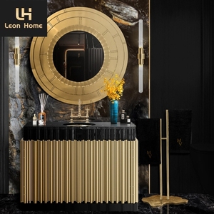 Armoire de salle de bain personnalisée <span class=keywords><strong>avec</strong></span> évier en acier inoxydable, dessus en marbre <span class=keywords><strong>noir</strong></span>, lavabo de petite taille - Product Image 1