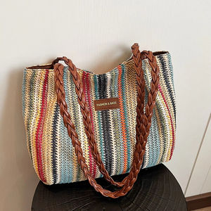Sac seau tressé en paille style plage pour femme, tendance arc-en-ciel, sac à bandoulière à la mode, idéal pour les vacances d'été - Vente chaude - Product Image 1