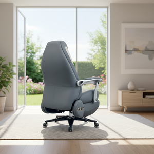 <span class=keywords><strong>Chaise</strong></span> de bureau ergonomique contemporaine de direction, dossier haut, cuir <span class=keywords><strong>patchwork</strong></span> bleu et blanc, pivotante à 360°, accoudoirs larges fixes, pour hôtel - Product Image 3