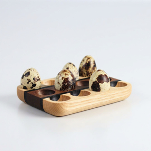 <b>Wood</b> Quail <b>Egg</b> Holder 6 Slots Two Tone Oak Walnut Gourmet Restaurant Appetizer OEM Vietnam - Product Image 1