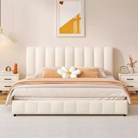 Cama tapizada moderna estilo crema con rayas verticales, base elevable hidráulica con almacenamiento, tamaño doble/king size para dormitorio