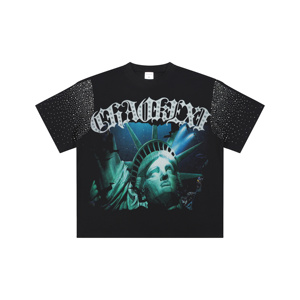 T-shirt vintage streetwear pour <span class=keywords><strong>homme</strong></span>, coton 230g, motif <span class=keywords><strong>Liberty</strong></span>, avec strass thermocollés et impression numérique à l'encre blanche - Product Image 3