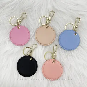 Colorful Saffiano PU Leather keyrings circle customized logo gold metal hardware souvenir gift round keychains