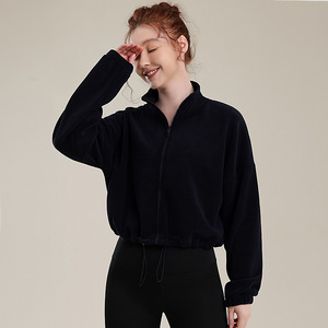Veste de sport en <span class=keywords><strong>polaire</strong></span> pour <span class=keywords><strong>femme</strong></span>, coupe-vent, en polyester/nylon, haut de yoga, <span class=keywords><strong>pull</strong></span> de fitness ample à cordon de serrage, à manches longues, couleur unie - Product Image 4