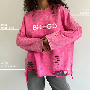À la mode <span class=keywords><strong>femme</strong></span> <span class=keywords><strong>T</strong></span>-<span class=keywords><strong>Shirt</strong></span> femmes Vintage à manches longues en détresse lavage à l'acide surdimensionné <span class=keywords><strong>T</strong></span>-<span class=keywords><strong>Shirt</strong></span> respirant pour les filles - Product Image 6