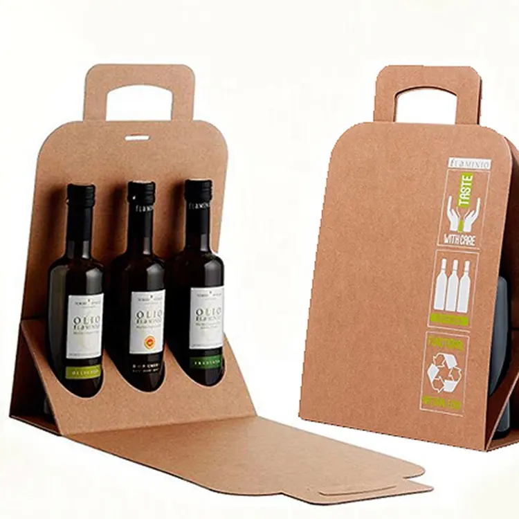 Kunden spezifisch bedruckte 3-Flaschen-Kraftpapierflaschenträger Karton Versand Doppel karton Papier Wein kiste mit Fenster