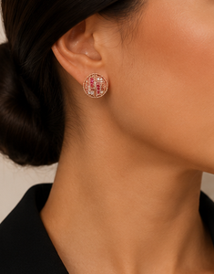 925 Sterling Silver Rose Gold Plated Vintage Round Stud <b>Earrings</b> with Ruby <b>Red</b> Cubic Zirconia and White CZ Geometric Filigree - Product Image 2