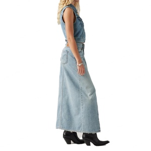 Jupe longue en jean personnalisée à fente avant, taille haute, en coton de haute qualité, bleu délavé, style vintage, pour femme - Product Image 4