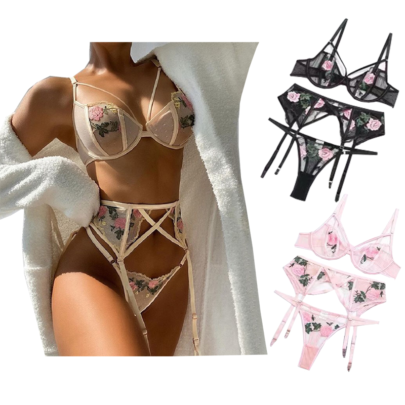 Качественное кружевное нижнее белье с подвязками 3 шт. в комплекте