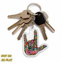 Porte-clés en acrylique coloré avec signe de main d'amour, geste ASL « Je t'aime » avec motif floral, accessoire unisexe léger