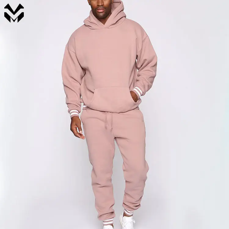 Wholesale Custom Fitness Apparel Men's Sports Sets Long Sleeves Cotton Pink Hoodie With Joggers Men Tracksuit
