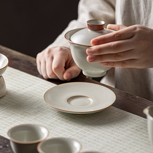 Ru Ware Three Piece Gaiwan Porcelain Covered <b>Tea</b> Bowl With Lid Rice Yellow Grain Pattern Kung Fu <b>Tea</b> <b>Set</b> - Product Image 3