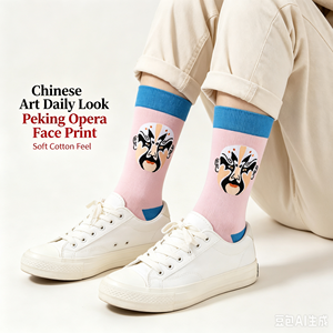 Wholesale China Traditional Art Graphic Cotton Socks Custom Pattern Logo Peking <strong>Opera</strong> Mask Crew Socks Bulk - Product Image 2